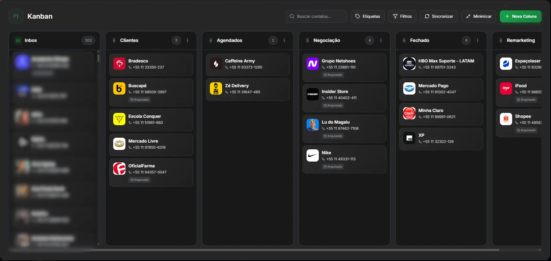 Interface do KanBan do SendNow